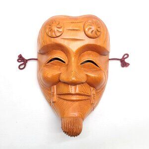 Large Japanese Hinoki Noh Mask Okina Kabuki Style Hand Carved Wood Art Sculpture